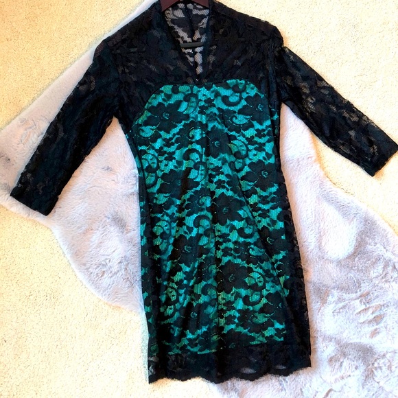NWT Green and Black Lace Overlay Dress - Picture 1 of 4